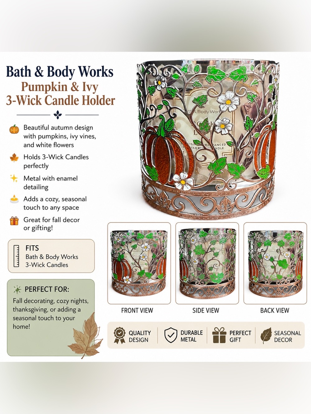 Bath & Body Works Pumpkin & Ivy 3-Wick Candle Holder Metal Fall Decor NWT